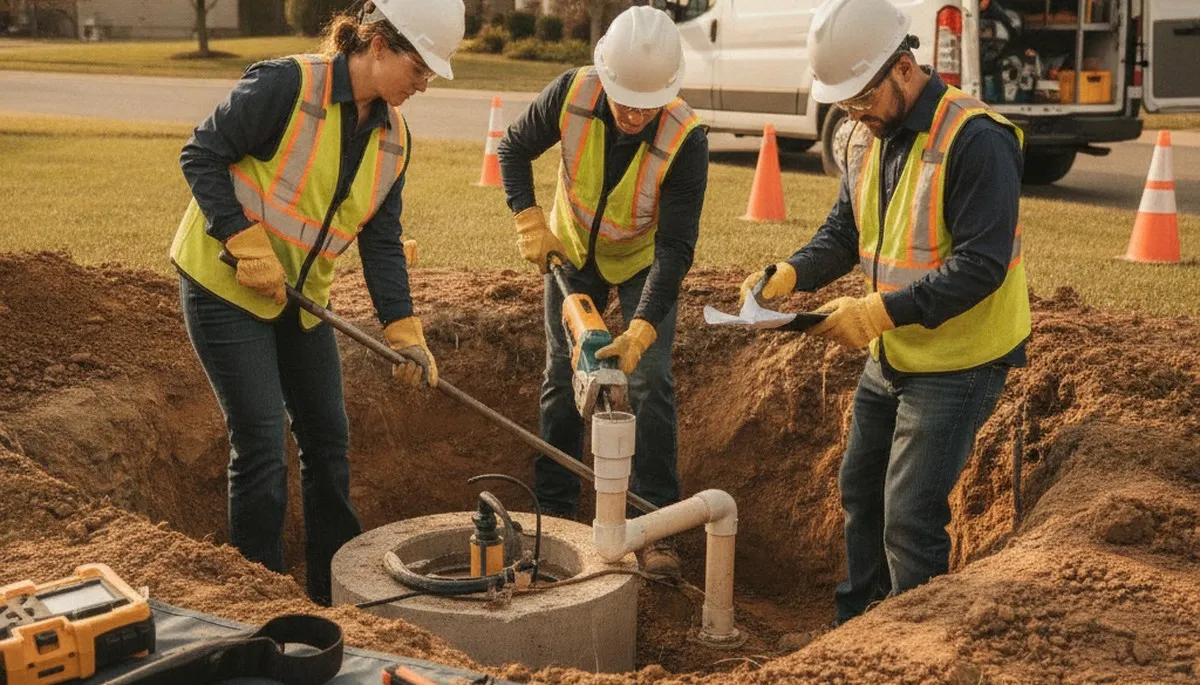 Omaha, NE plumber repairing a residential septic system for local home service support