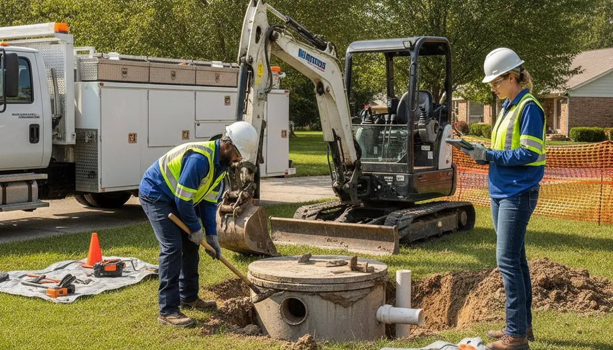 Omaha, NE plumber inspecting septic repair for a residential home service call