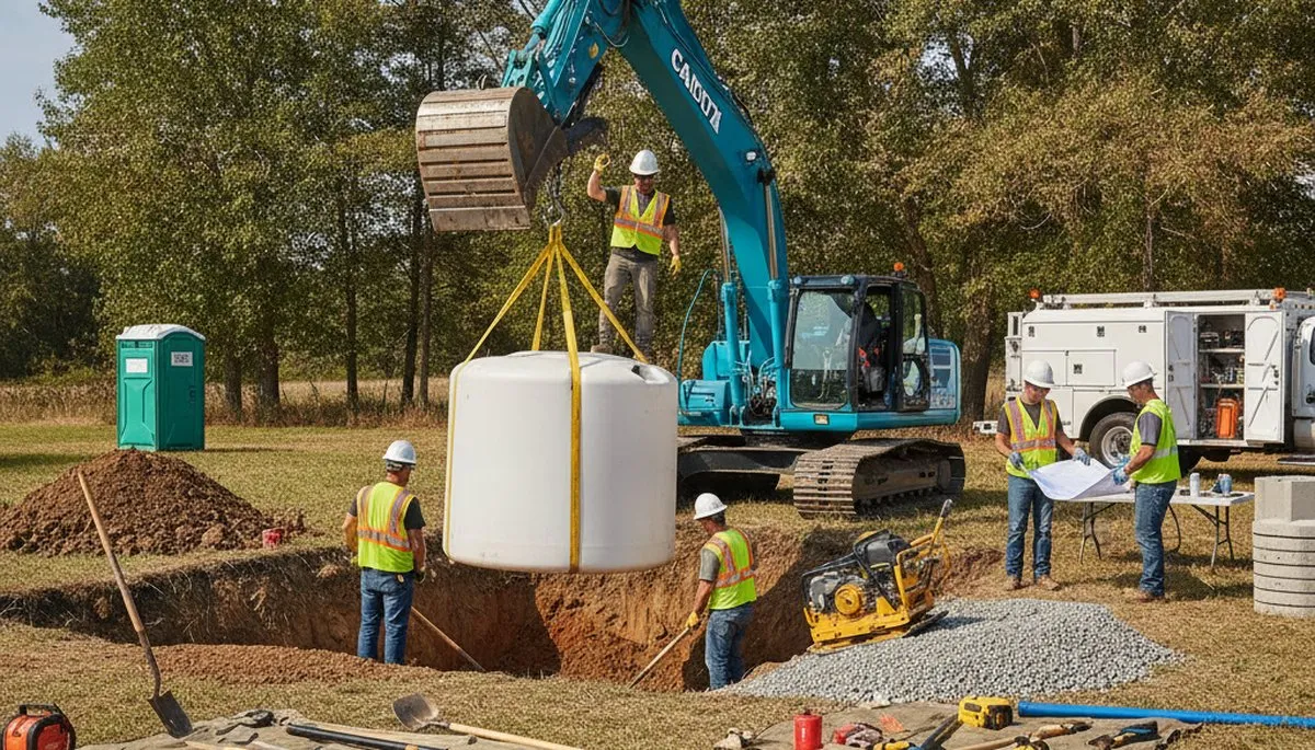 Septic tank installation crew working on Omaha, NE home plumbing service site